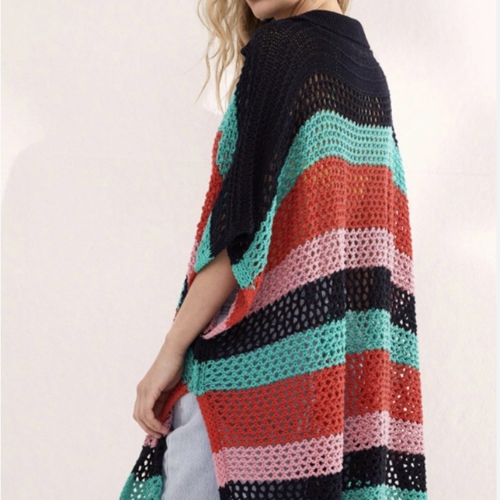 Free People Bayside Stripe Crochet Knit Poncho NWOT - Picture 4 of 4